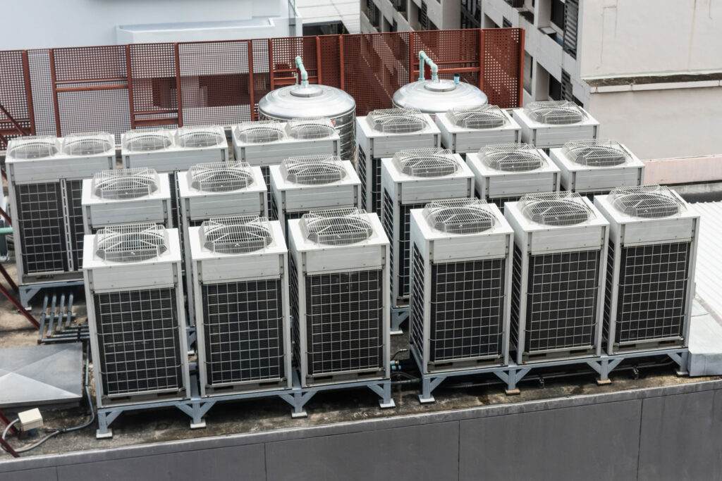 Air conditioning compressor system, on rooftop of building